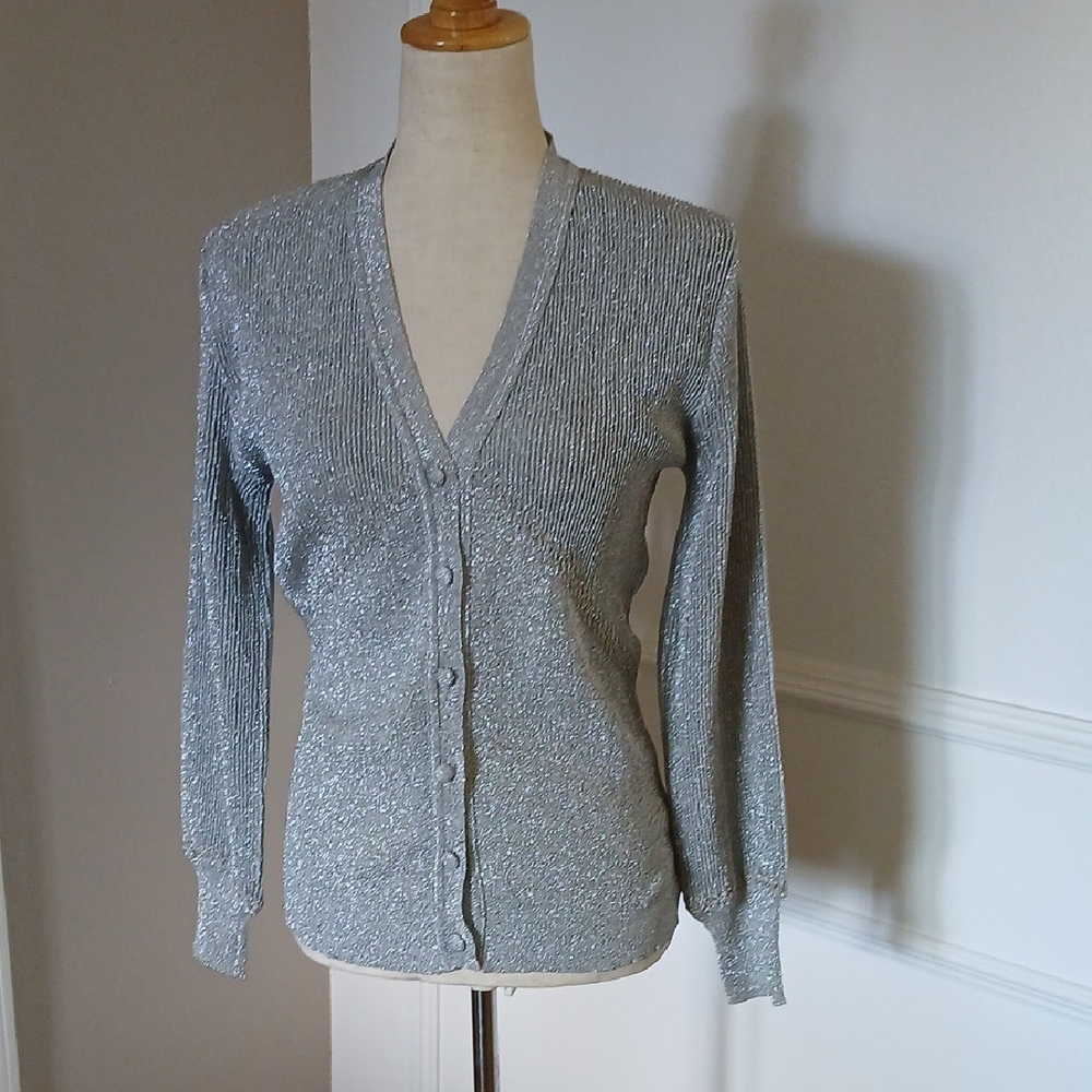 Vintage 70s Silver Lurex Cardigan Sweater with Lantern Sleeves By Dalton